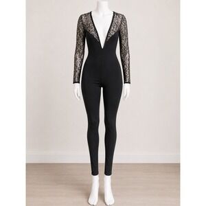 Michi by Boule De Niege Jumpsuit Size Large Black Silver Lace Long Sleeve V-Neck